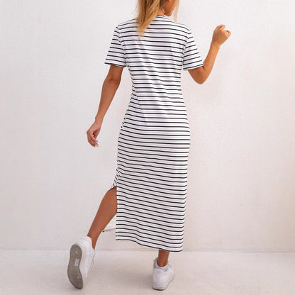 Dress for Women – Midi Length – Relaxed Fit – Striped Knit – Short Sleeve – Slit