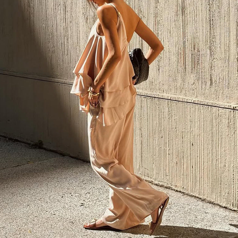 Women's Two-Piece Set – Asymmetric Ruffle Top – Soft Breathable Quality – Wide Pants