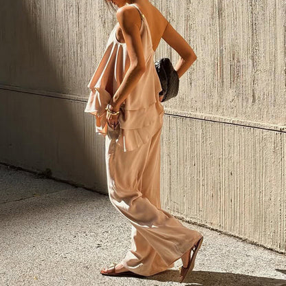 Women's Two-Piece Set – Asymmetric Ruffle Top – Soft Breathable Quality – Wide Pants