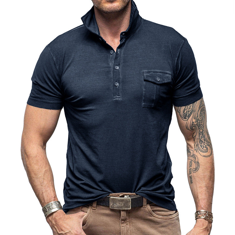 Men's Polo Shirt – Slim Fit – Breathable Cotton – Stand Collar – Chest Pocket with Button