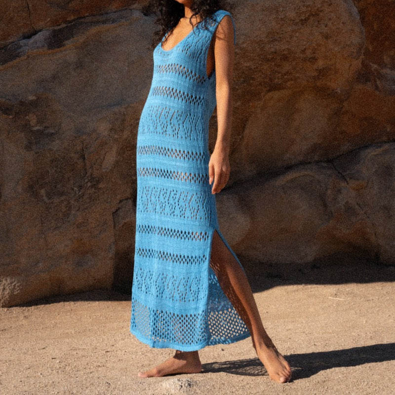 Dress for Women – Sleeveless Bodycon Fit – Knit with Cutouts – Long with Slit