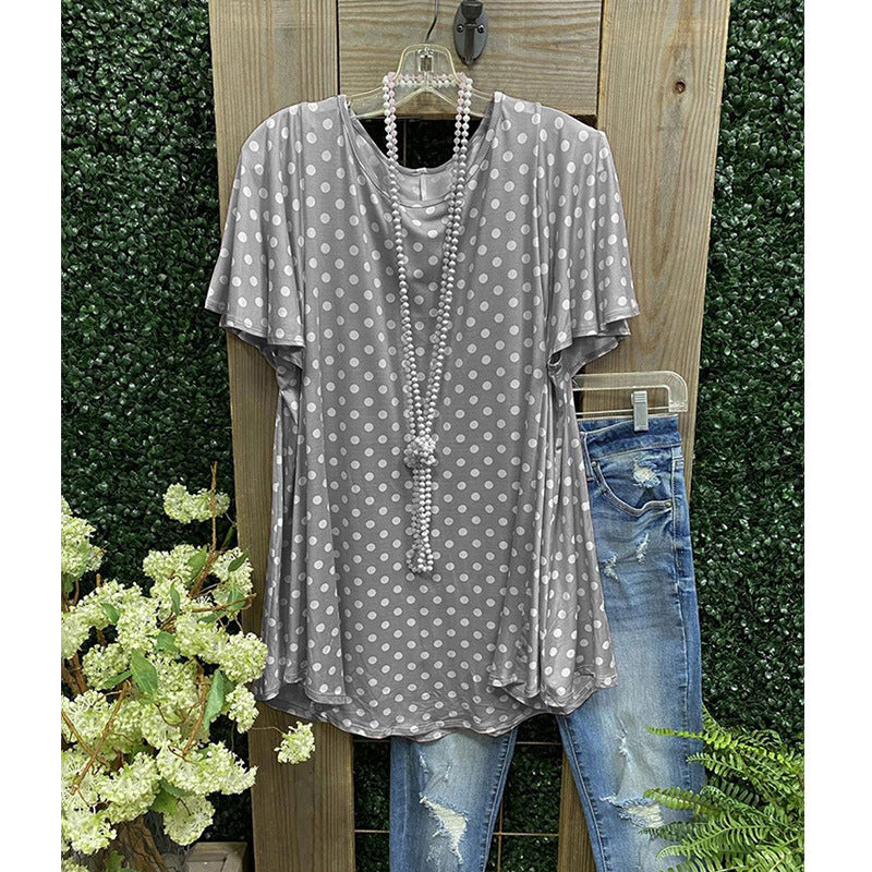 Women's Tunic Top – Loose Fit – Short Sleeve – Polka Dot Pattern – Breathable Comfort