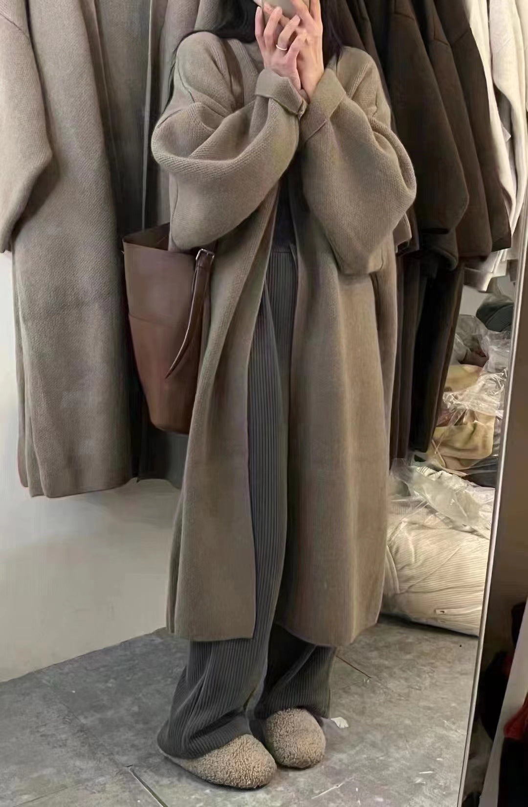 Women's Cardigan Coat – Oversized Fit – Soft Wool Knit – Open Draped Front – Long Model