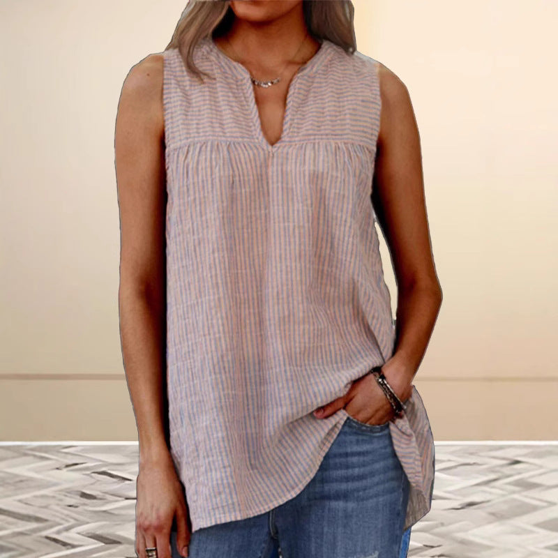 Women's Tunic Top – Sleeveless Relaxed Fit – Lightly Striped – Breathable Natural Material