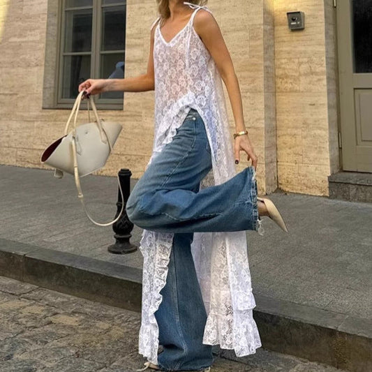 Dress for Women – A-line Fit – V-neck – Lace – Slit – Bow Straps