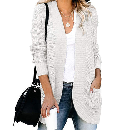 Women's Knitted Cardigan - Long-Sleeved Loose Fit - Open Front with Large Pockets