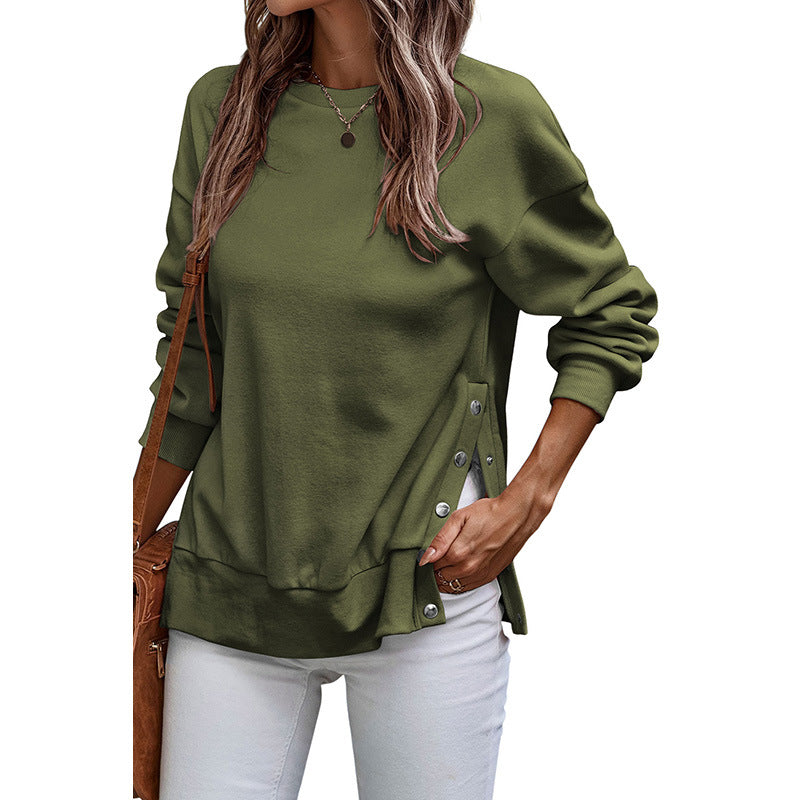 Women's Sweatshirt – Loose Fit – Tunic Length – Button Details – Long Sleeves