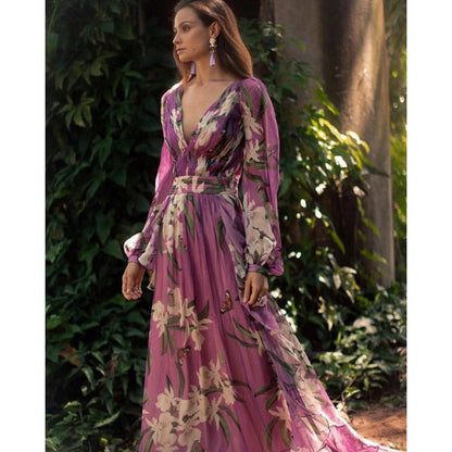 Women's Maxi Dress – Chiffon – V-Neck – Floral – Long Sleeves – Elegant Fit