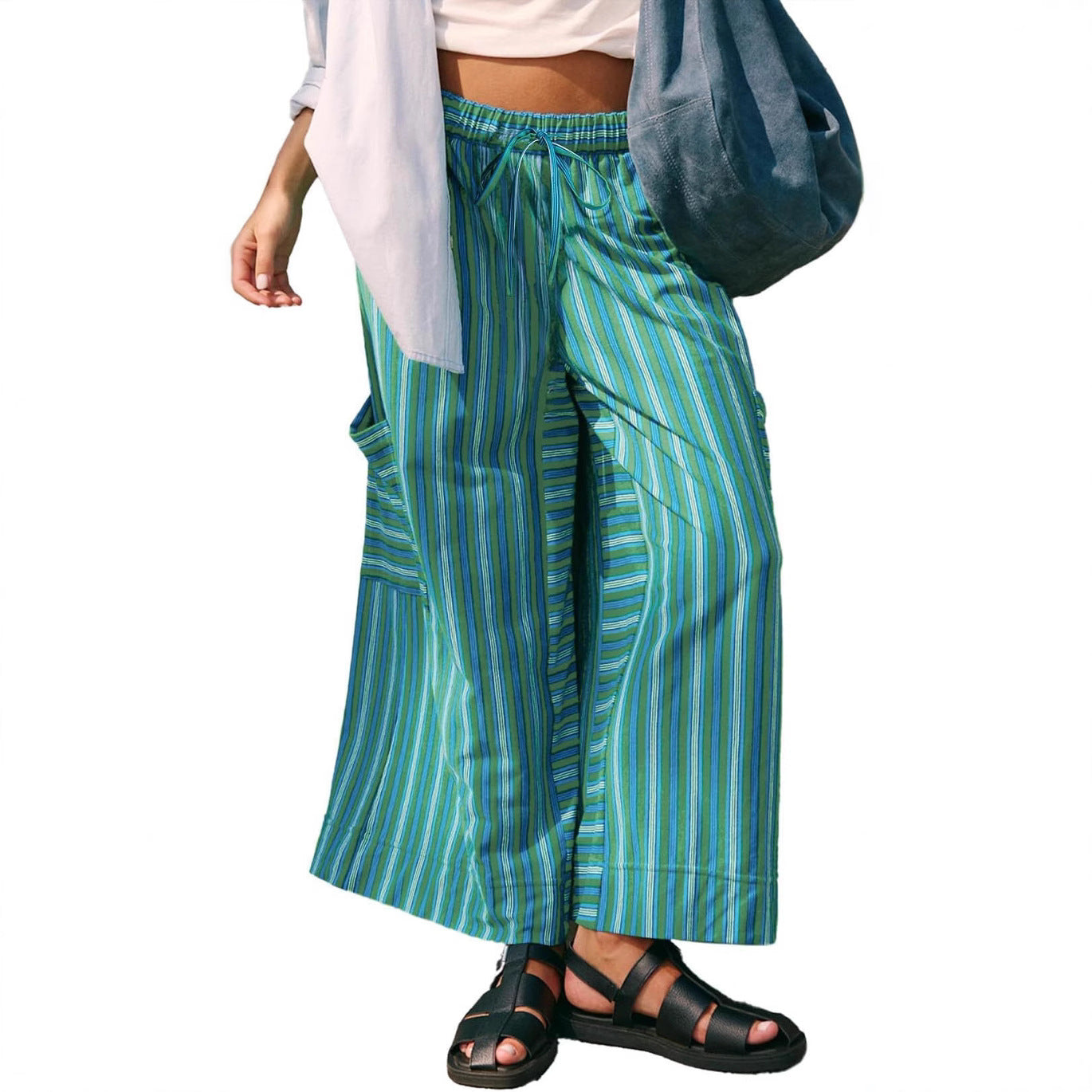 Women's Pants with Wide Legs – Relaxed Fit – Breathable Material – Striped Design