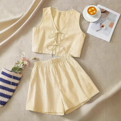 Women's Crop Top – Sleeveless – V-Neck with Bow Detail – Striped – Breathable Material