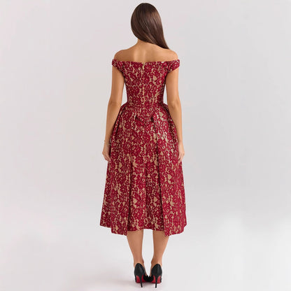 Dress for Women – Lace – Off-Shoulder – Open Back – Fitted Cut – Long Model