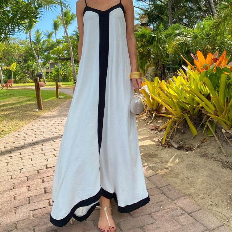 Women's Maxi Dress – Loose Fit – Light and Breathable – Thin Straps – Contrast Trim