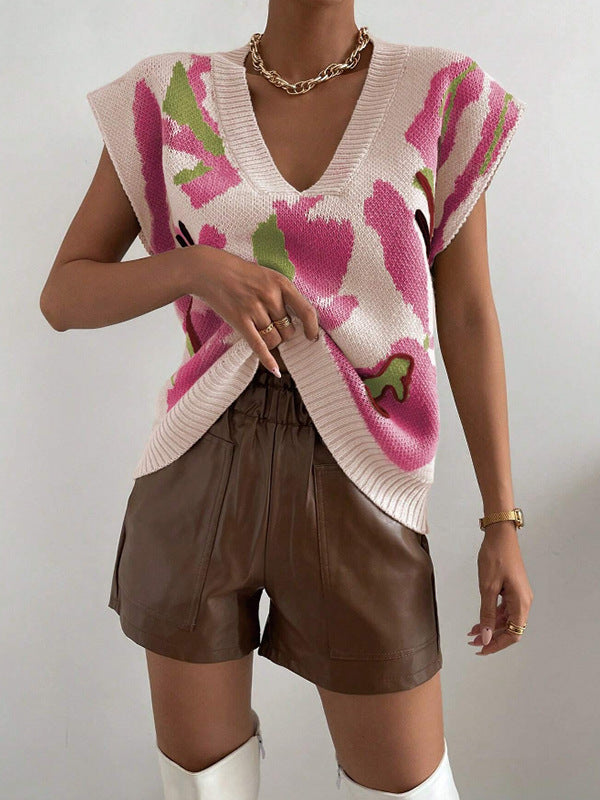 Women's Knit Vest – Loose Fit – V-Neck – Jacquard Pattern – Ribbed Edge