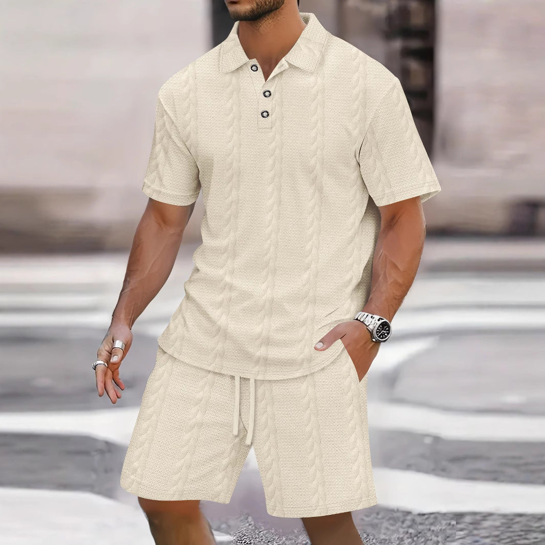 Men's Set with Shirt and Bermuda Shorts – Relaxed Fit – Light Knitted Fabric – Button Closure