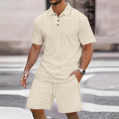 Men's Set with Shirt and Bermuda Shorts – Relaxed Fit – Light Knitted Fabric – Button Closure