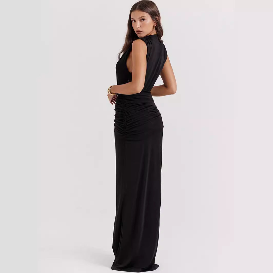 Women's Evening Dress – Bodycon Fit – Deep V-Neck – High Slit – Ruched Waist – Sleeveless