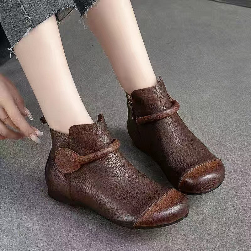 Women's Ankle Boots - Thick Sole Soft Leather Shoes - Side Zipper