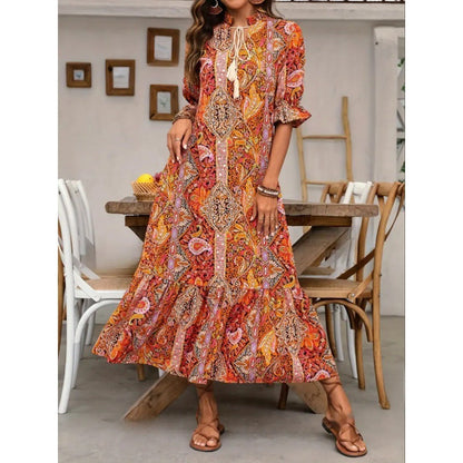 Dress for Women – Midi Length – Relaxed Fit – Boho Print – Ruched Sleeves