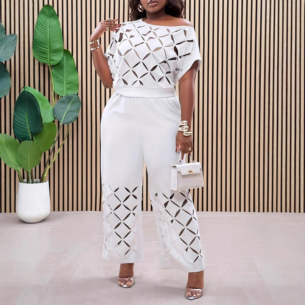 Women’s 2-Piece Set - Asymmetrical Shoulder Top - Wide Leg Pants - Hollow Out Design