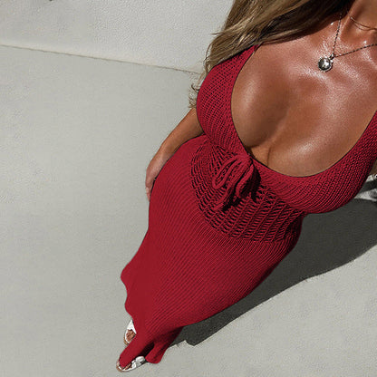 Dress for women – Slim fit – Soft rib knit – Halterneck with transparent details – Ankle length