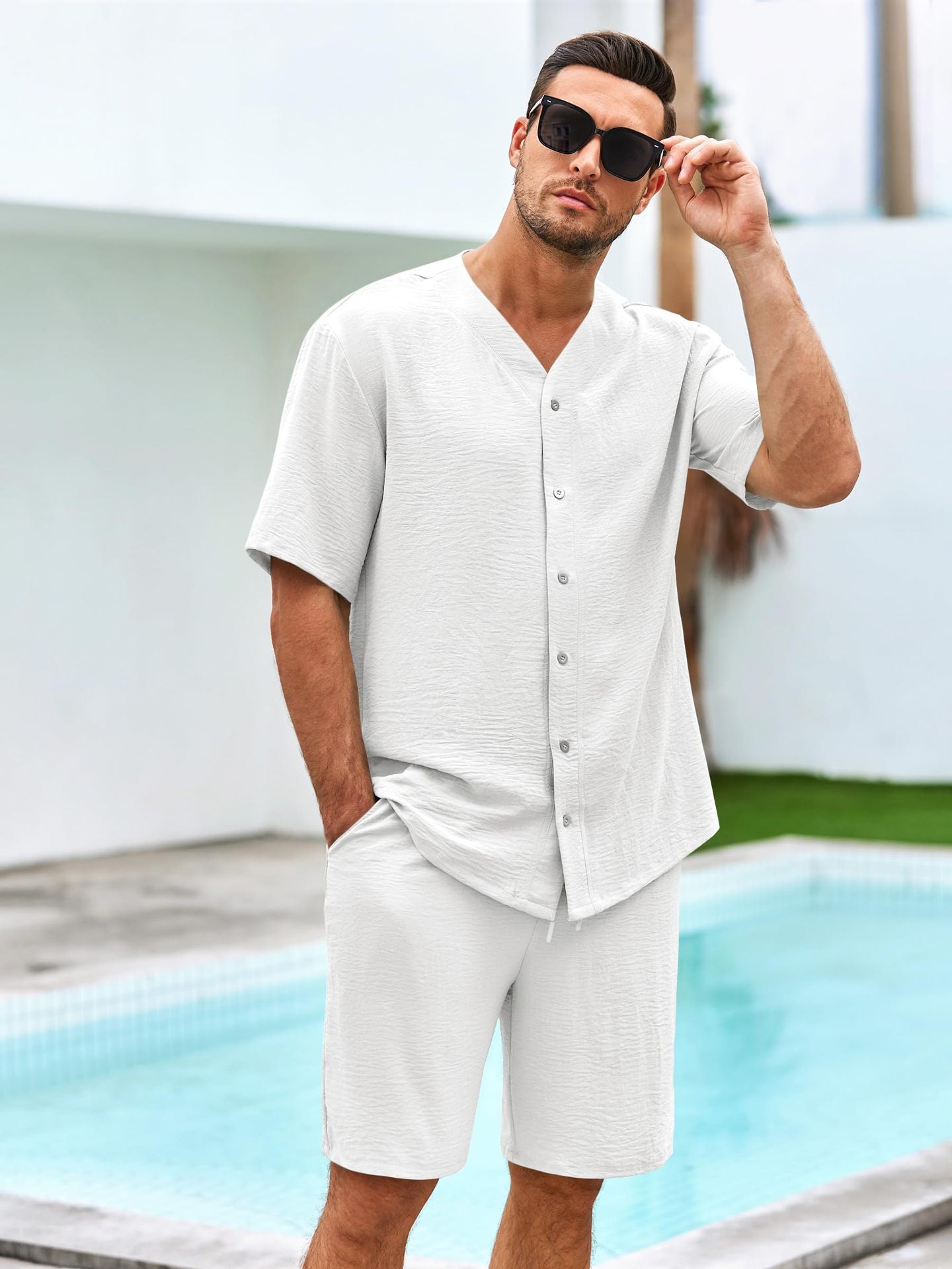 Men's Set – V-Neck Shirt with Buttons and Shorts – Relaxed Fit in Cotton