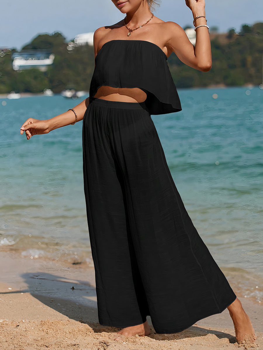 Women's Two-piece Set – Strapless Top – Wide Pants – Breathable Lightweight Fabric