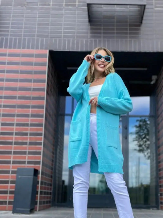 Women's Cardigan – Loose Fit – Open Front – Long Style with Pockets – Soft Knit