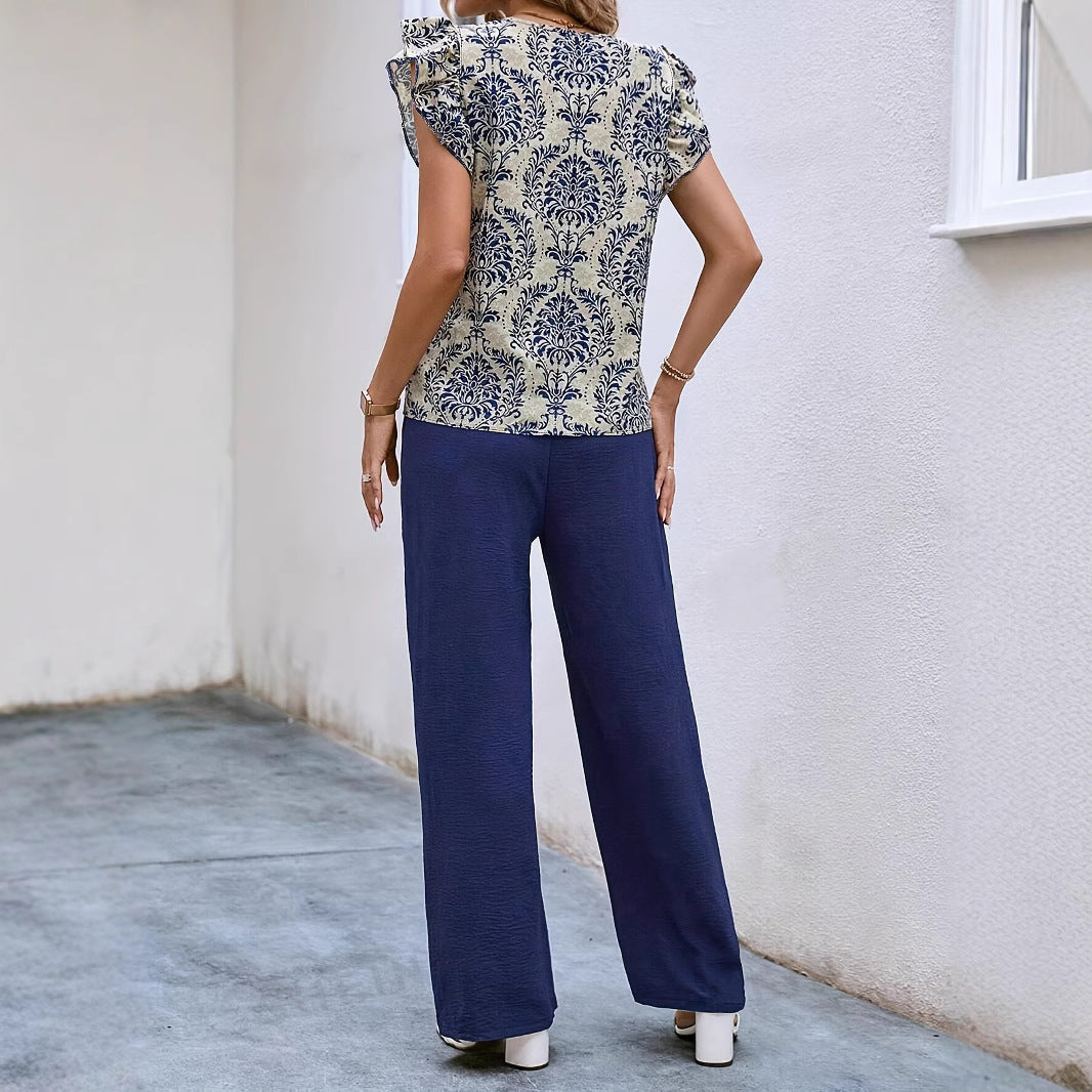 Women's Set – V-Neck Top with Ruffle Sleeves and Floral Print – Wide Pants with Belt