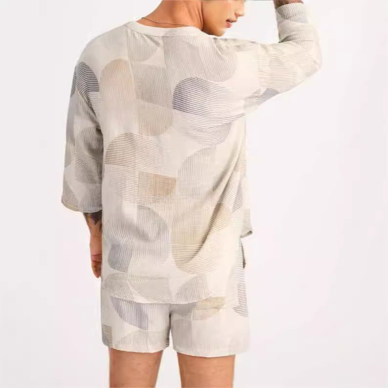Men's Set – Relaxed Fit – Soft Breathable Fabric – Drawstring Shirt & Shorts