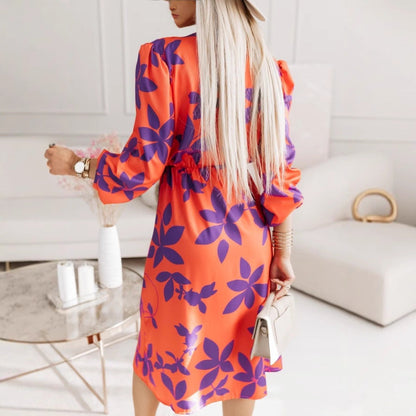 Dame Midikjole – A-formet Snit – V-hals – Blomsterprint – Lange Puffærmer