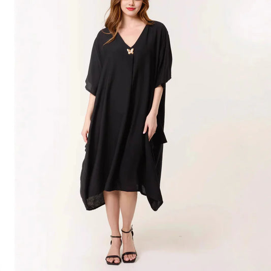 Women's Tunic Dress – Relaxed Fit – V-neck – Asymmetric Maxi – Breathable Material