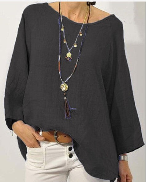 Women's Top in Casual Style – Cotton Blend – Loose Fit – 3/4 Sleeves – Round Neck