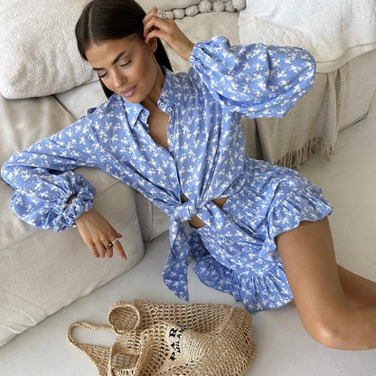 Women's Set – Tie Shirt with Ruffle Sleeves – High Waist Shorts – Breathable Mix