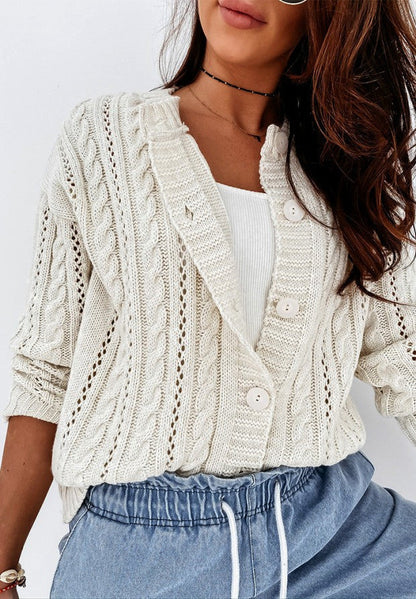 Women's Cardigan – Relaxed Fit – Wool Knit – Button Closure – Cable Knit Pattern