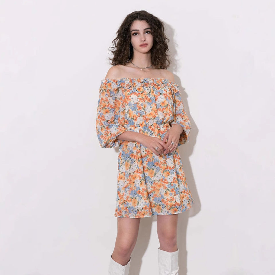 Women's Mini Dress – Chiffon – Off Shoulder – Floral Pattern – Loose Fit