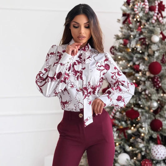 Women's Shirt with Long Sleeves – Tailored Fit – Print – Bow Collar – Cufflinks