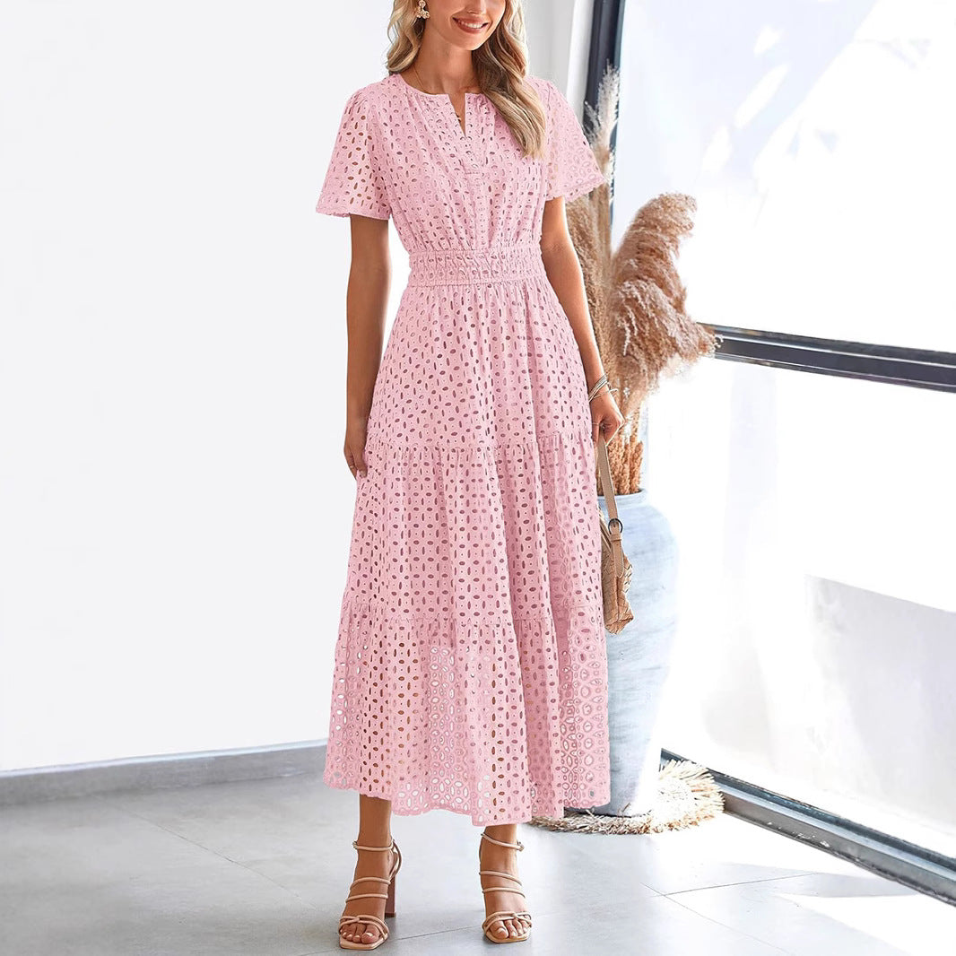 Women's Maxi Dress – Embroidered Lace – V-Neck – Short Sleeves – Loose Fit