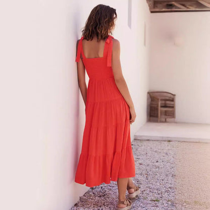 Women's Midi Dress – Smocked Bodice – Adjustable Straps – Lightly Layered Skirt