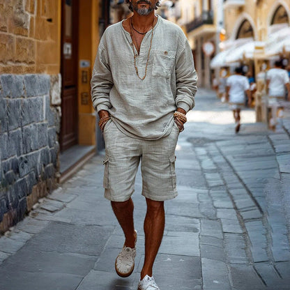 Men's Set – Relaxed Fit – V-neck Long Sleeve – Cargo Shorts – Breathable Mix