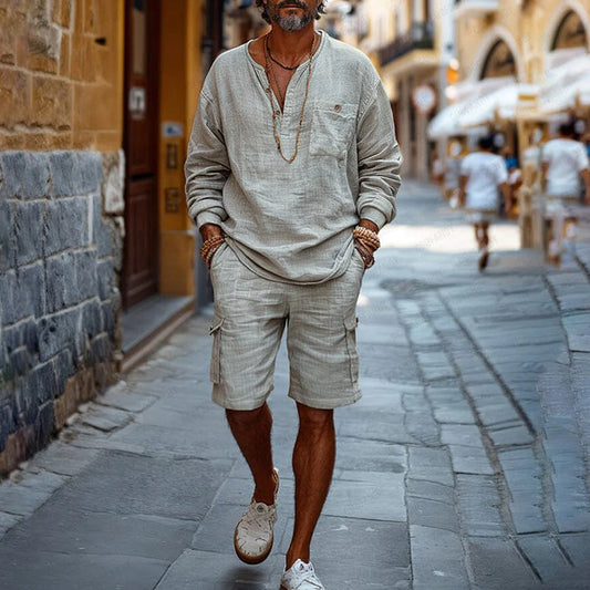 Men's Set – Relaxed Fit – V-neck Long Sleeve – Cargo Shorts – Breathable Mix