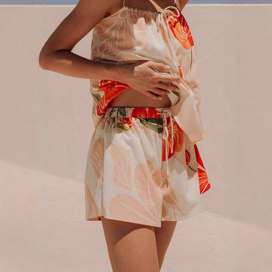 Women's Top – Loose Fit – Cotton Blend – Spaghetti Straps – Floral Pattern