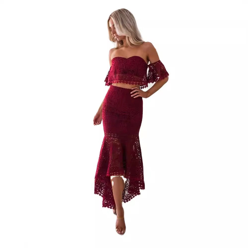Dame Sæt – Off Shoulder Bustier Top med Blonder – Høj Talje Pencil Nederdel
