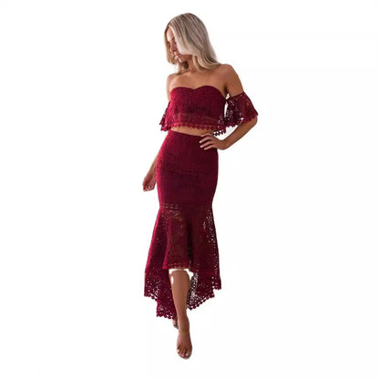 Dame Sæt – Off Shoulder Bustier Top med Blonder – Høj Talje Pencil Nederdel
