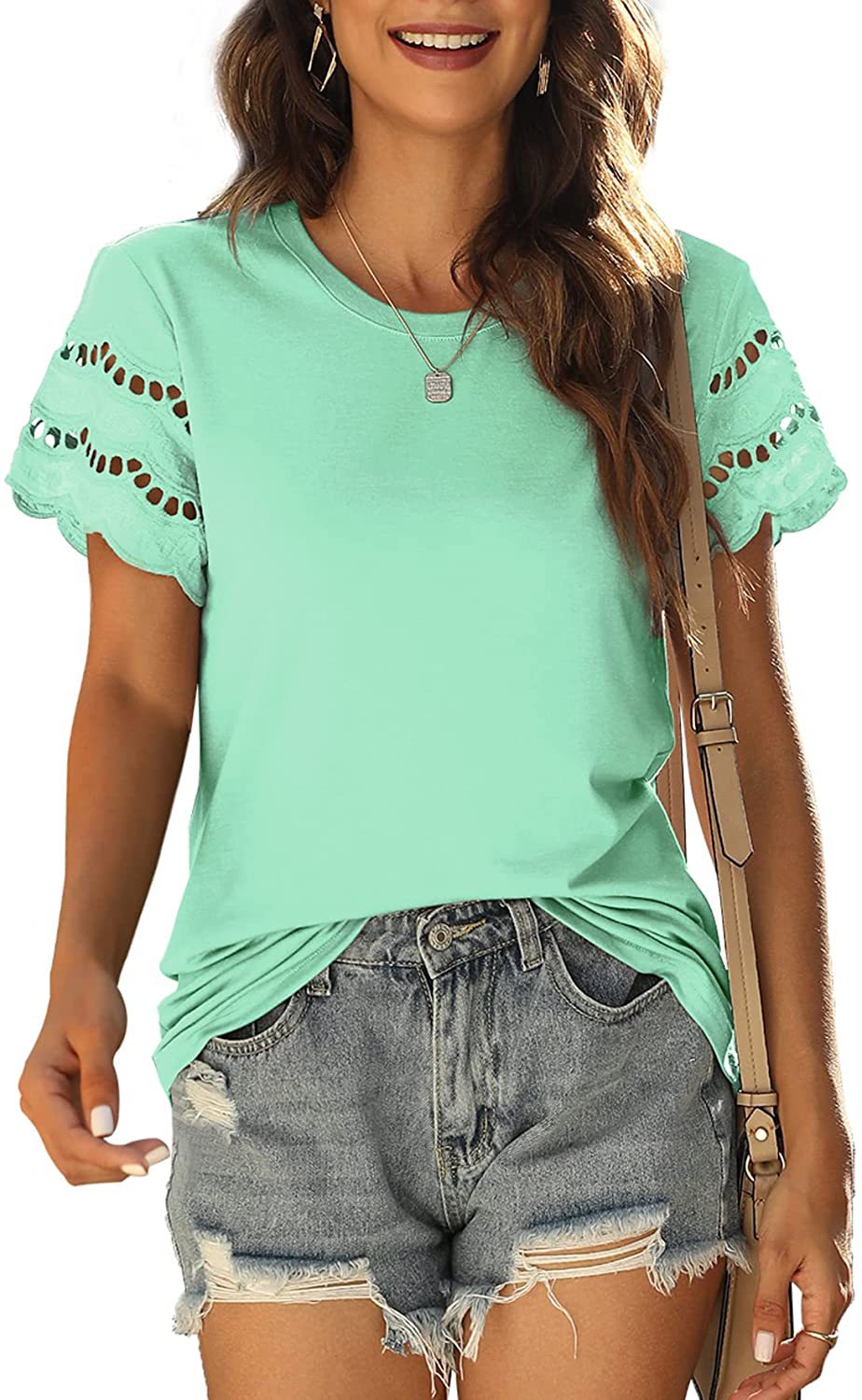 Women's Blouse - Soft and Comfortable - Short Sleeve with Lace Edge - Round Neck