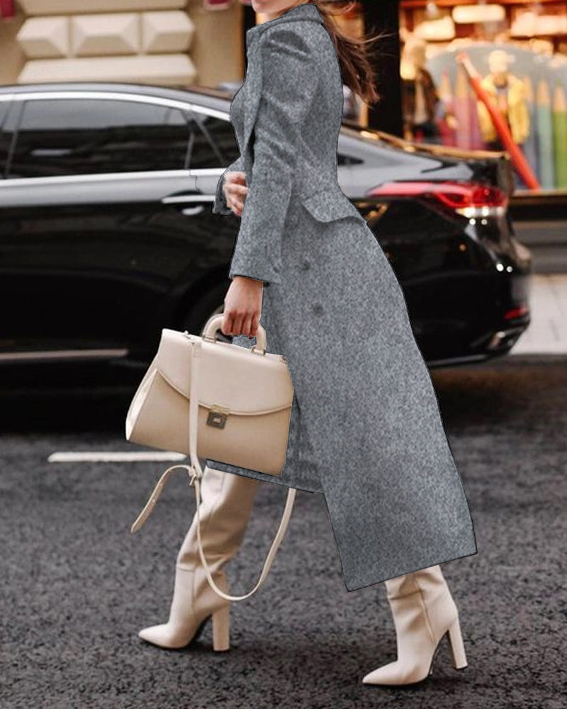 Women's Long Coat – Tailored Fit – Wool-Like Texture – Elegant Collar