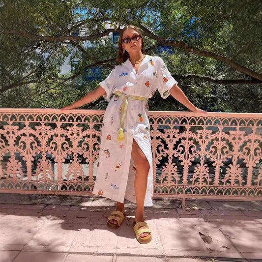 Women's Shirt Dress – Light Cotton – Relaxed Fit – Print – Button Closure – Belt