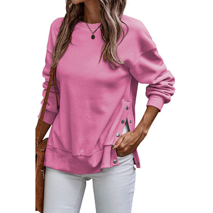 Women's Sweatshirt – Loose Fit – Tunic Length – Button Details – Long Sleeves