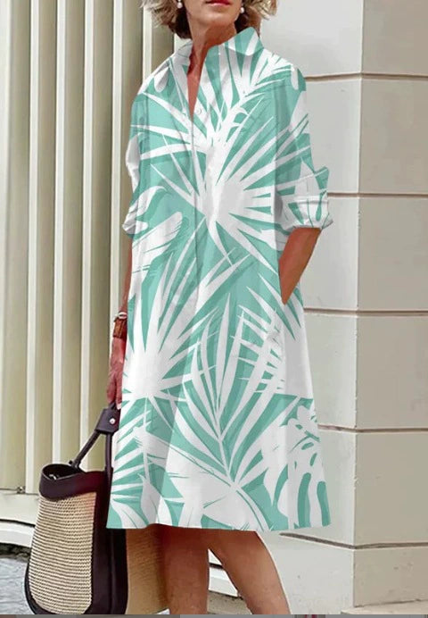 Women’s Shirt Dress – Artistic Floral Print – Relaxed Fit – Button Front – Pocket Detail