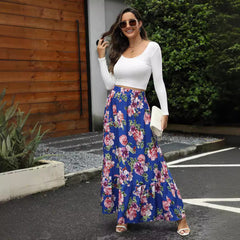 Women's Maxi Skirt – Flowy Fit – Elastic Waist – Ruched Hem – Floral Pattern