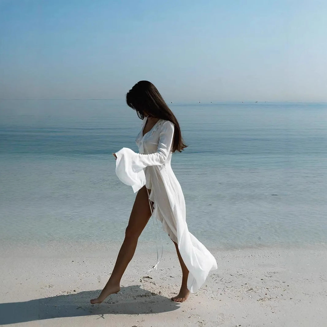 Women's Beach Dress – Long-Sleeved – Light and Breathable – Ruffle Trim and Open Front